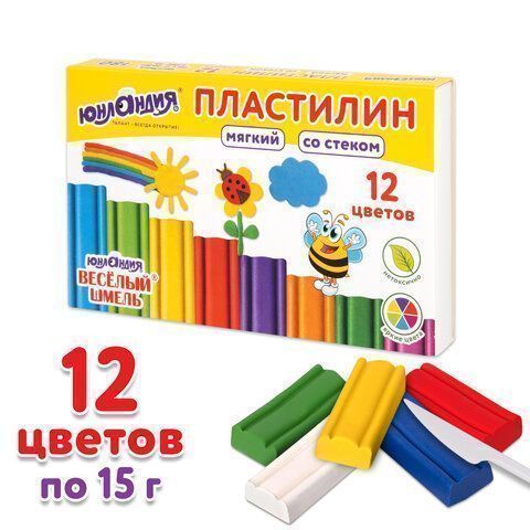 Пластилин 12цв 180г мягкий со стеком ЮНЛАНДИЯ Веселый шмель 1/32