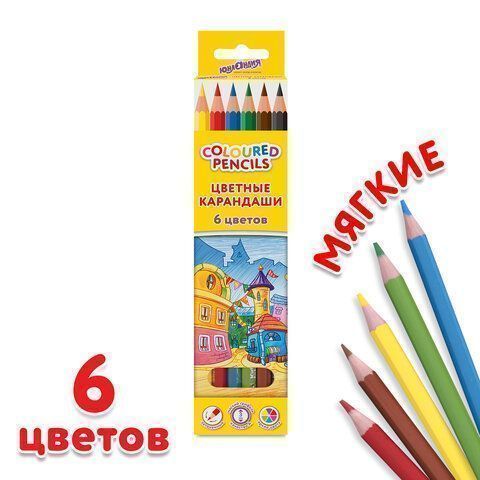 Карандаши цветные 06цв пластиковые, классические, грифель мягкий 3 мм ЮНЛАНДИЯ Домики 1/24