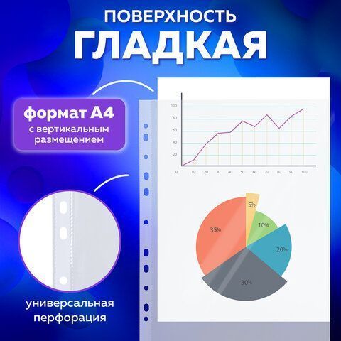 Перфофайлы А4 40мкм гладкие 100шт BRAUBERG STANDARD 1/30