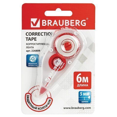 Корректирующая лента BRAUBERG 5мм х 6м, корпус красный, механизм перемотки, блистер, 226809 1/24 Корректирующая лента BRAUBERG 5мм х 6м, корпус красный, механизм перемотки, блистер, 226809 1/24