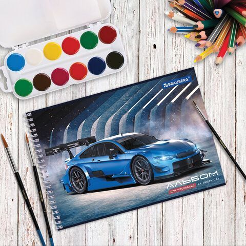 Альбом для рисования 24л А4 гребень обложка картон BRAUBERG Спорткар 1/10/40