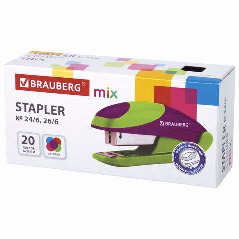 Степлер №24/6 26/6 до 20л ассорти с резиновыми вставками BRAUBERG MIX 1/12 Степлер №24/6 26/6 до 20л ассорти с резиновыми вставками BRAUBERG MIX 1/12
